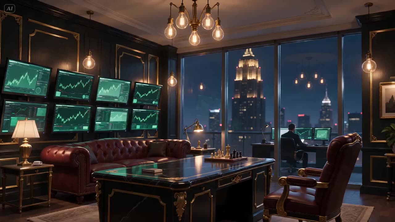 A dark wood trading loft with a wall of green chart screens, a leather sofa and a view of skyscrapers at night
