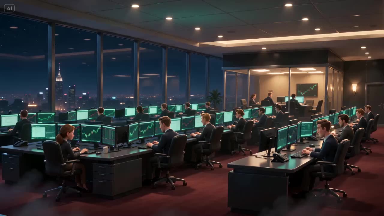 An open trading floor at night with rows of traders at desks covered in screens showing green price charts