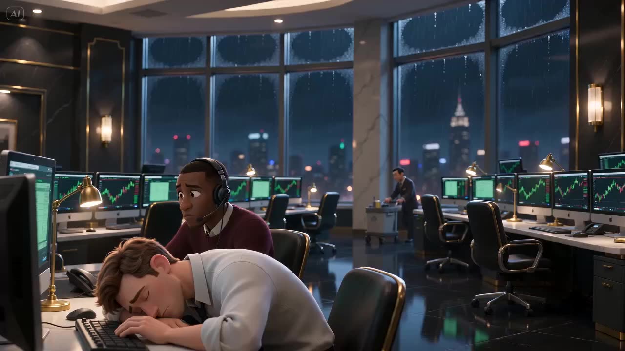 A trader asleep on his desk late at night on a dark trading floor, surrounded by glowing screens that keep showing live charts