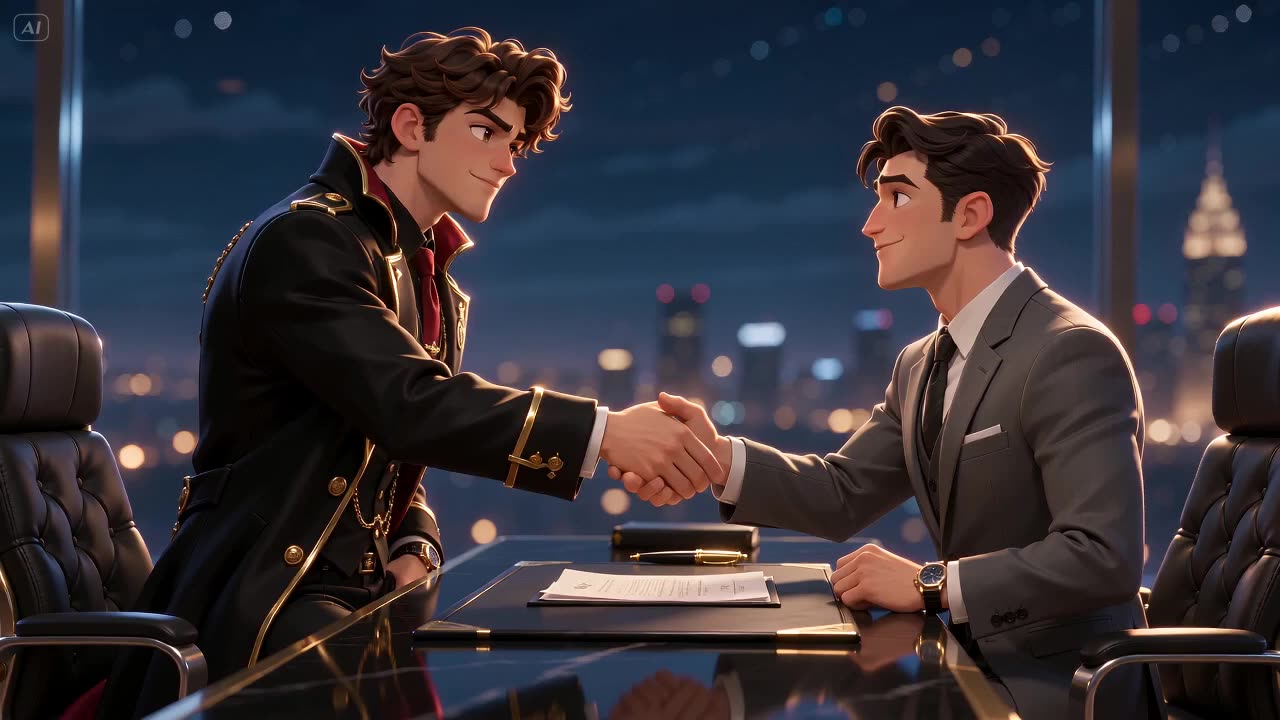 Two men in suits shake hands over a signed contract in an office at night, the lights of the city spread out behind them