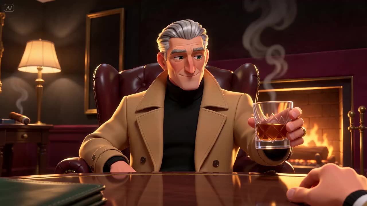 Hombre canoso con abrigo color camel sostiene un vaso de whisky junto a una chimenea en un estudio oscuro