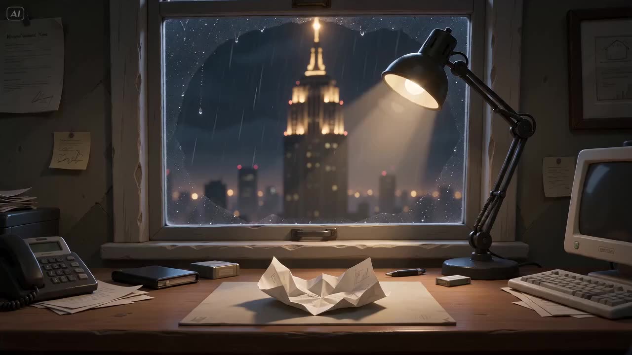 Escritorio con un papel arrugado, un teléfono antiguo y una lámpara encendida, con lluvia en la ventana y una torre iluminada de noche