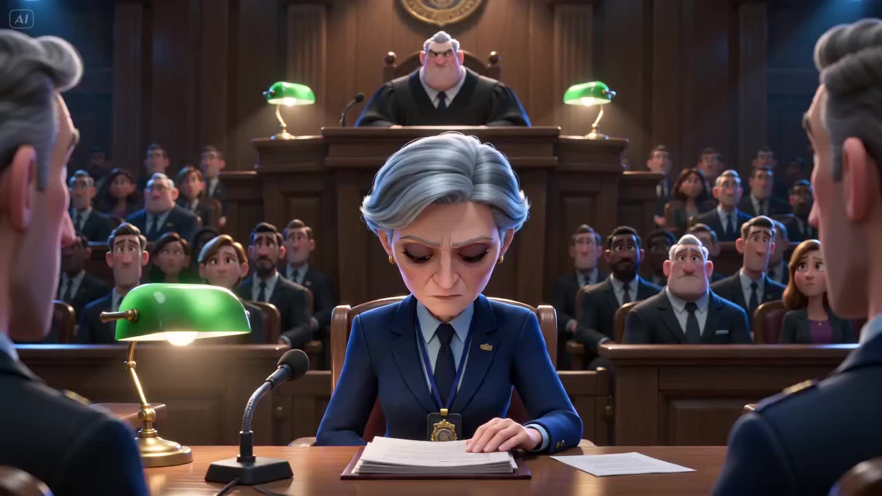 A courtroom with a woman in a navy suit at the defendants’ table, a judge on the bench and a public gallery full of spectators