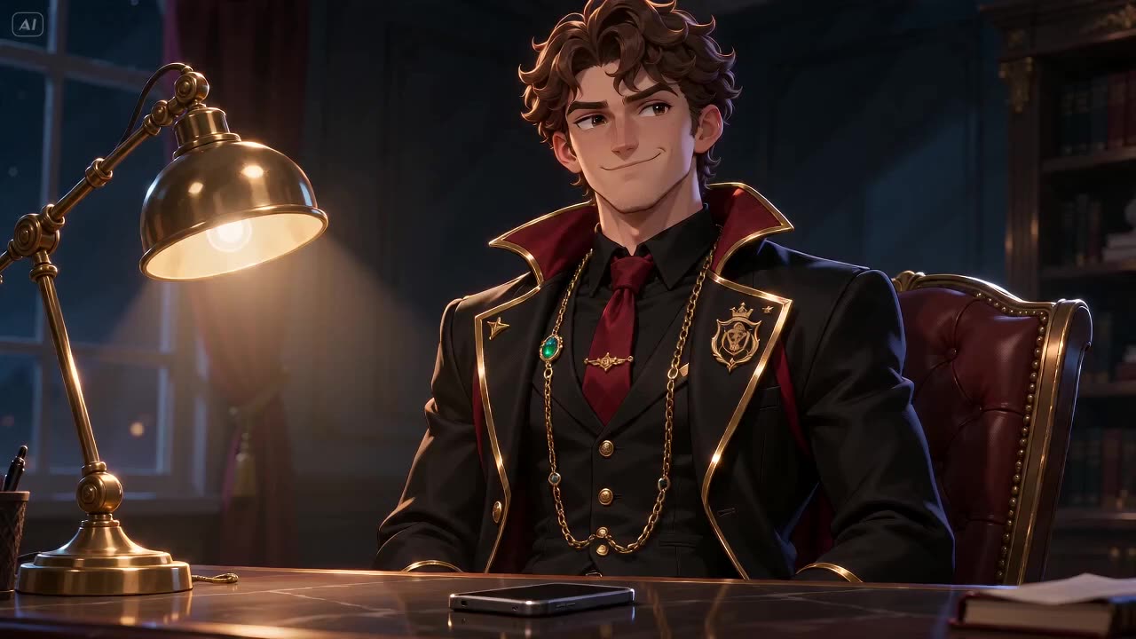 A confident young man in a black and gold jacket sitting at a desk in a dark office, lit by the warm glow of a brass lamp