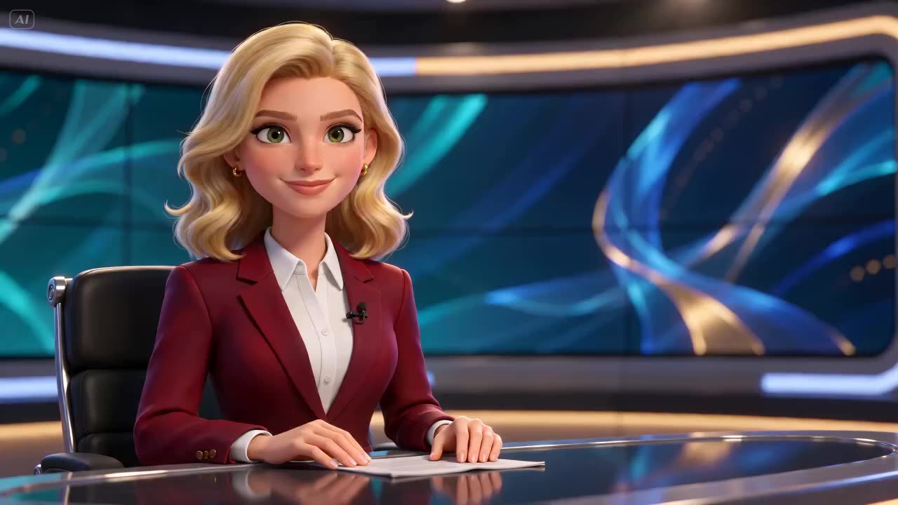 Presentadora con blazer rojo en la mesa de un estudio de televisión presentando las noticias financieras del día